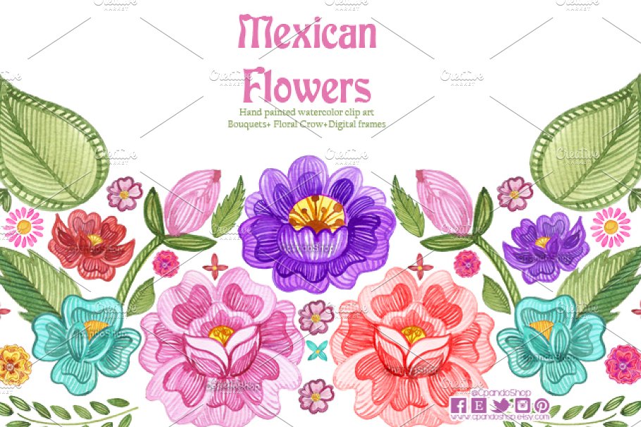 Mexican Flowers watercolor clip art Graphic Free Download