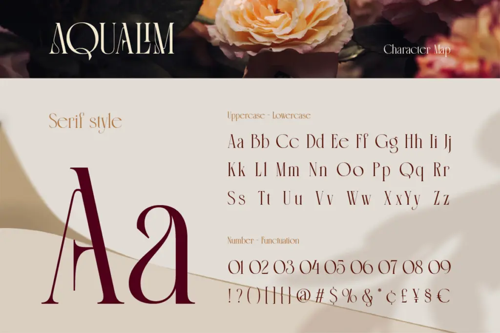 Aqualim Signature specimen — Character set and features