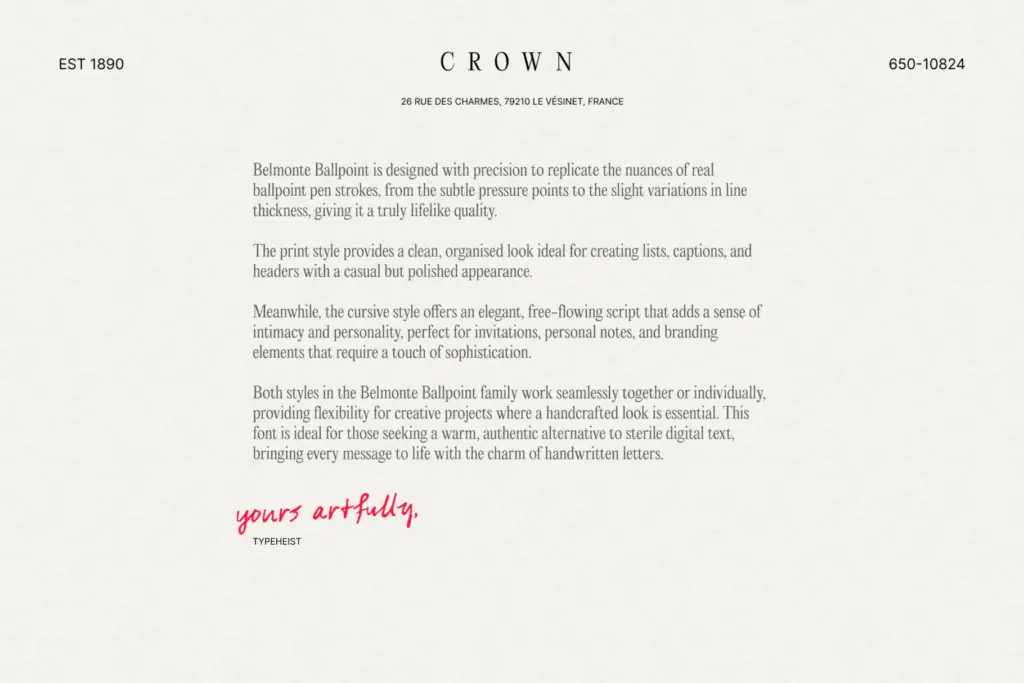 Belmonte Ballpoint specimen — Character set and features