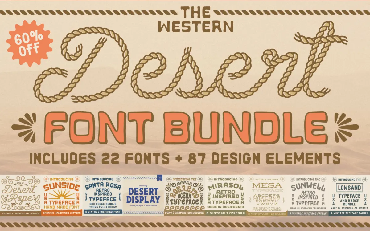 The Western Desert Font Bundle: rugged western display fonts for badge-style branding