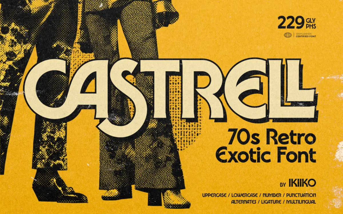 Castrell: a bold 70s funk display face for posters and retro branding