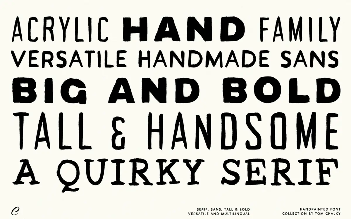 Acrylic Hand: a brush-drawn trio for packaging and headline work with a raw, human edge