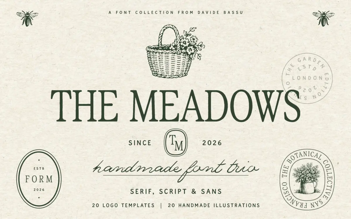 The Meadows: a rustic serif-script-sans trio for countryside branding