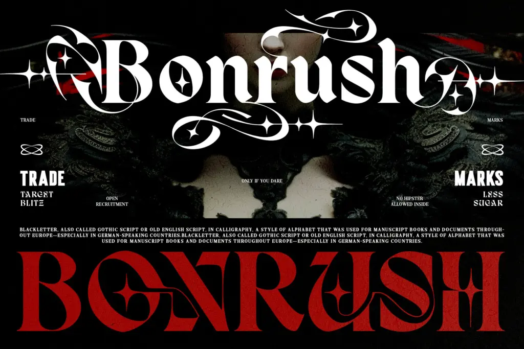 Dark Reborn Typeface specimen — Design style