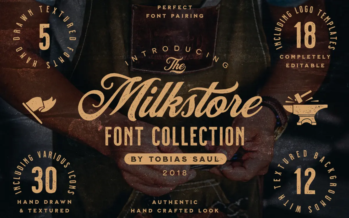 Milkstore Font Collection: five vintage brick-wall fonts for badge and packaging work