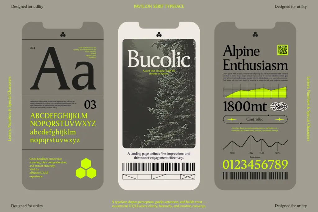 Pavilion Serif Typeface specimen — Use cases