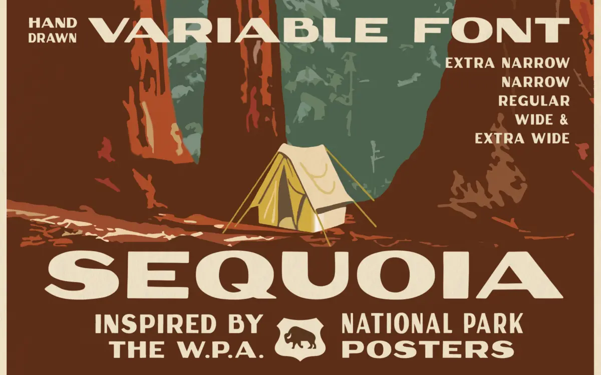 Sequoia Display: a WPA poster letterform with a variable-width dial