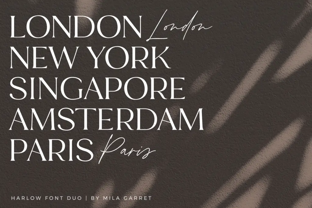 Harlow Serif Script Modern Font Duo specimen — Design style