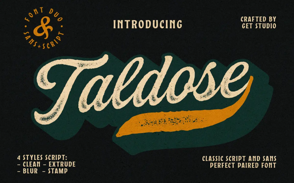 Taldose: a rough-edged script duo with a sans backup for branding