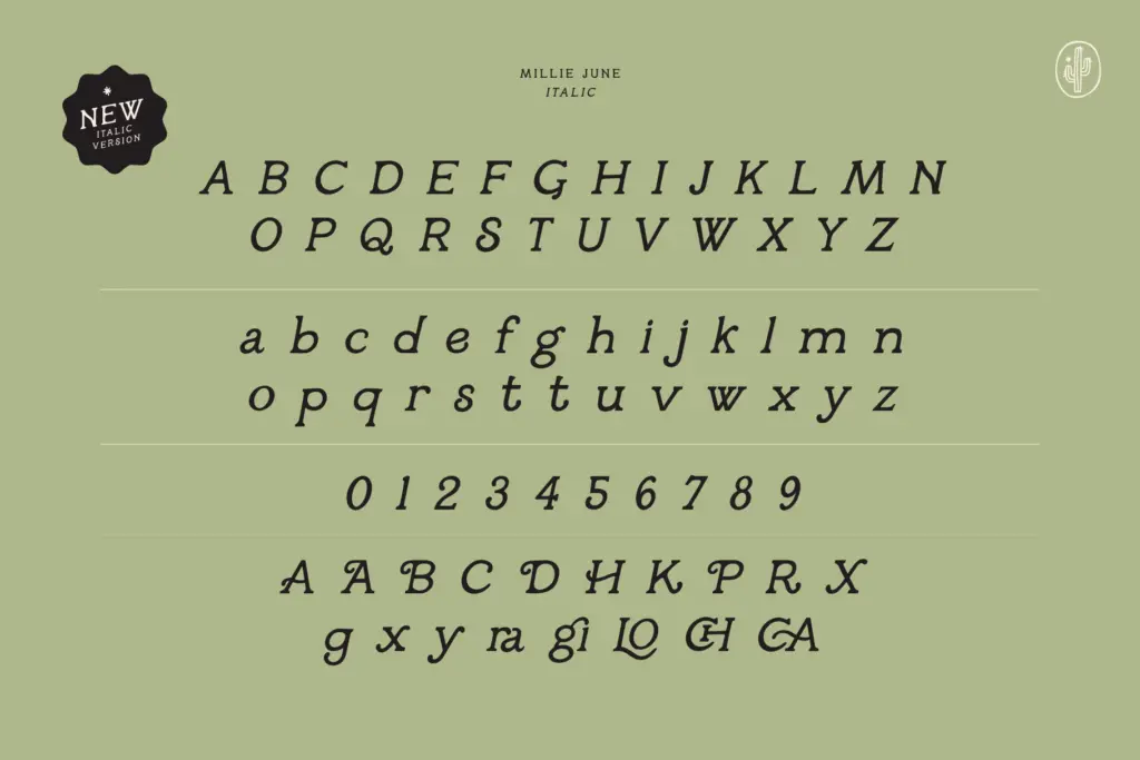 Millie June specimen — Character set and features
