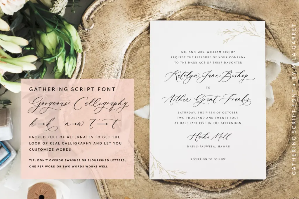 Gathering Calligraphy Wedding Script specimen — Use cases