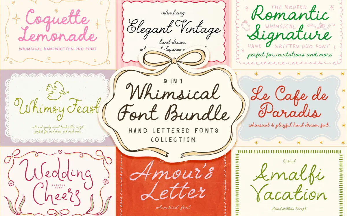 Whimsical Handwritten Font Bundle: nine script pairs for wedding stationery