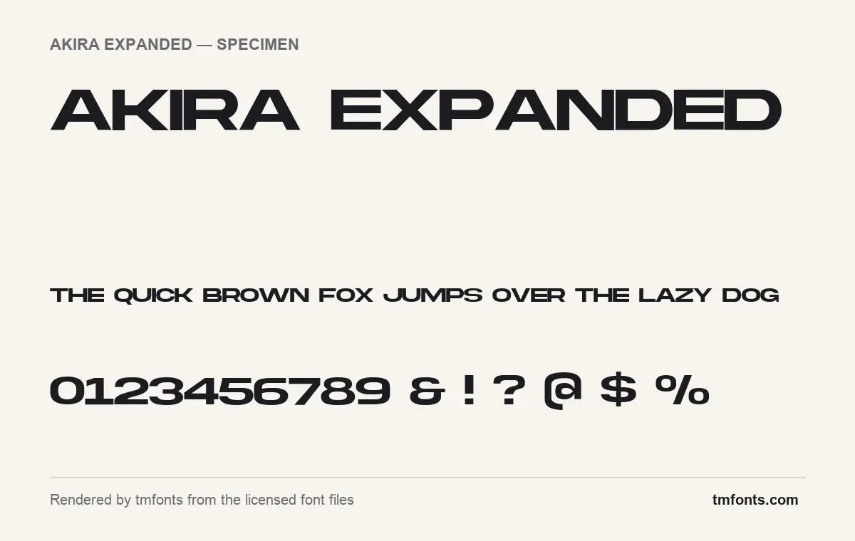 Akira Expanded font specimen showing the alphabet and numerals