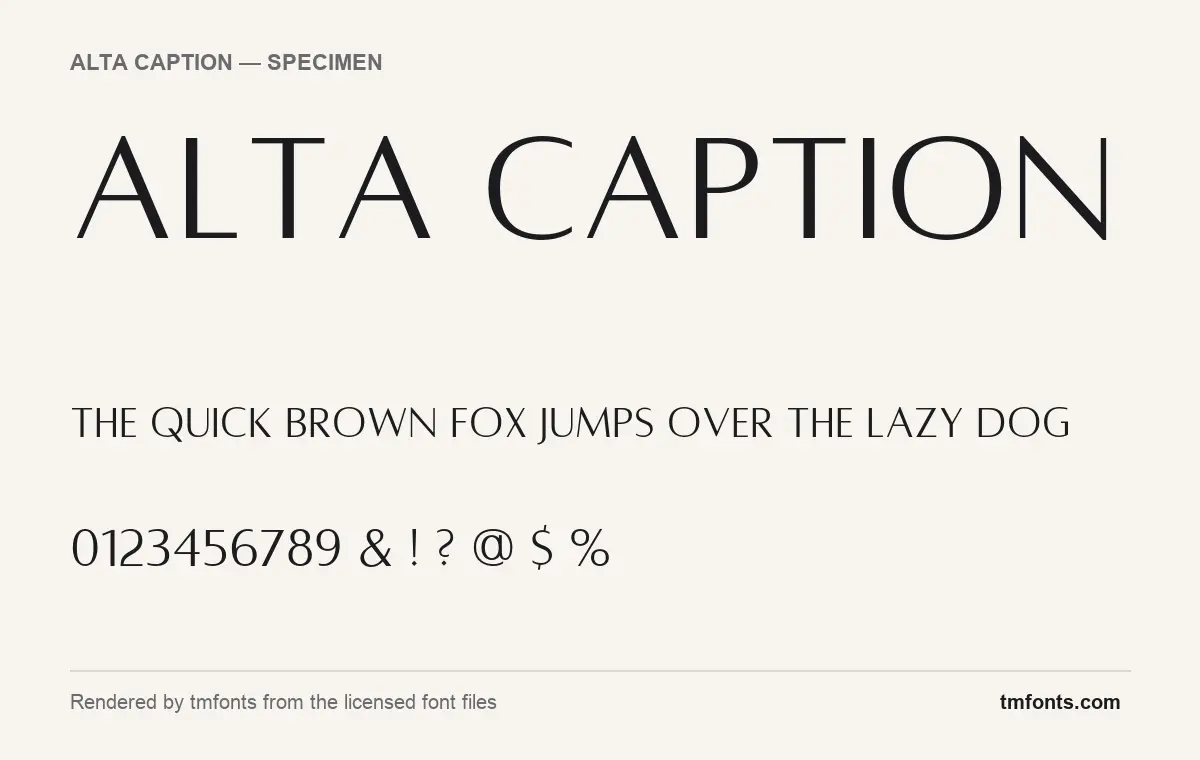 Alta Caption font specimen showing the alphabet and numerals