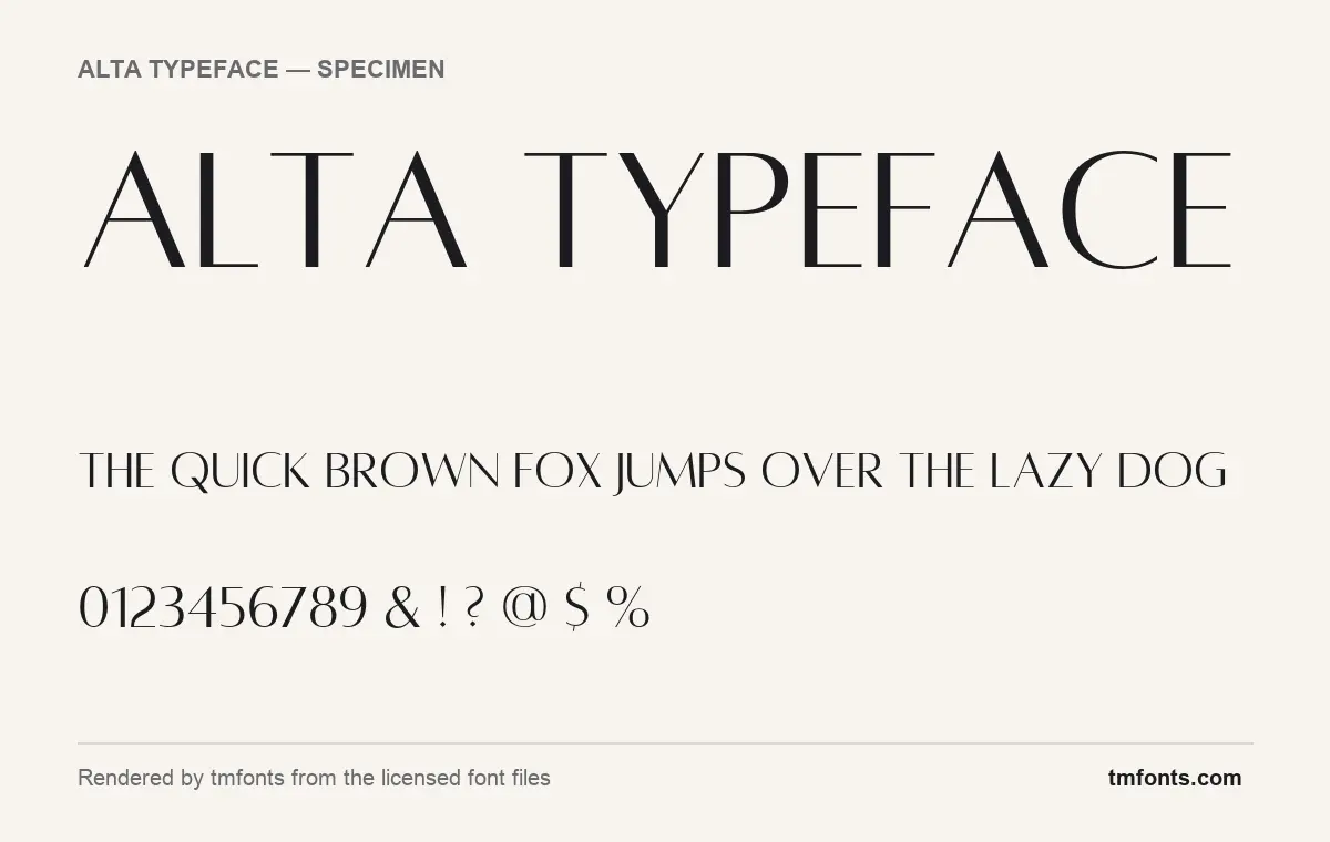 Alta Typeface font specimen showing the alphabet and numerals