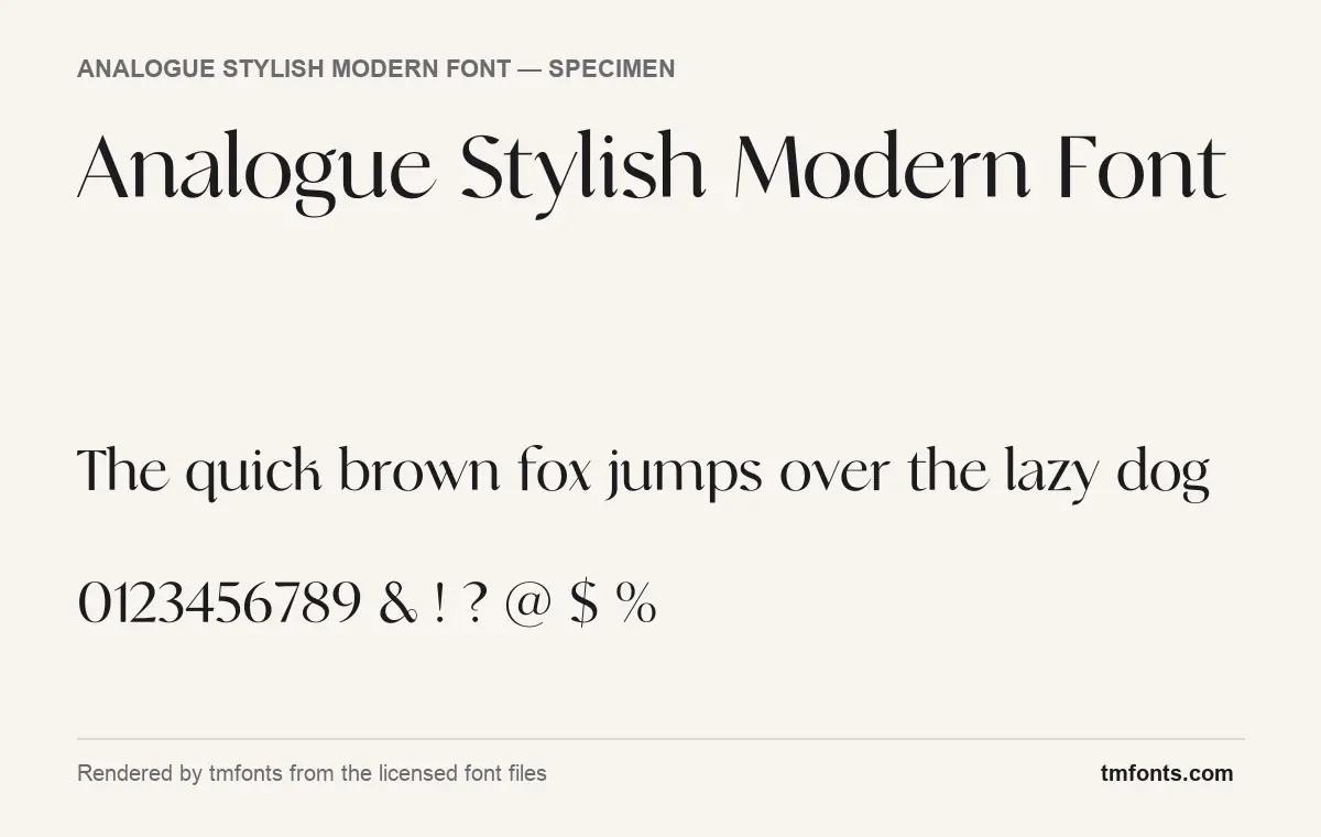Analogue Stylish Modern Font font specimen showing the alphabet and numerals