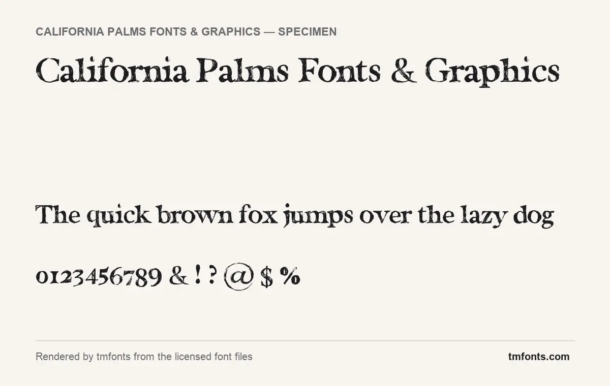 California Palms Fonts & Graphics font specimen showing the alphabet and numerals