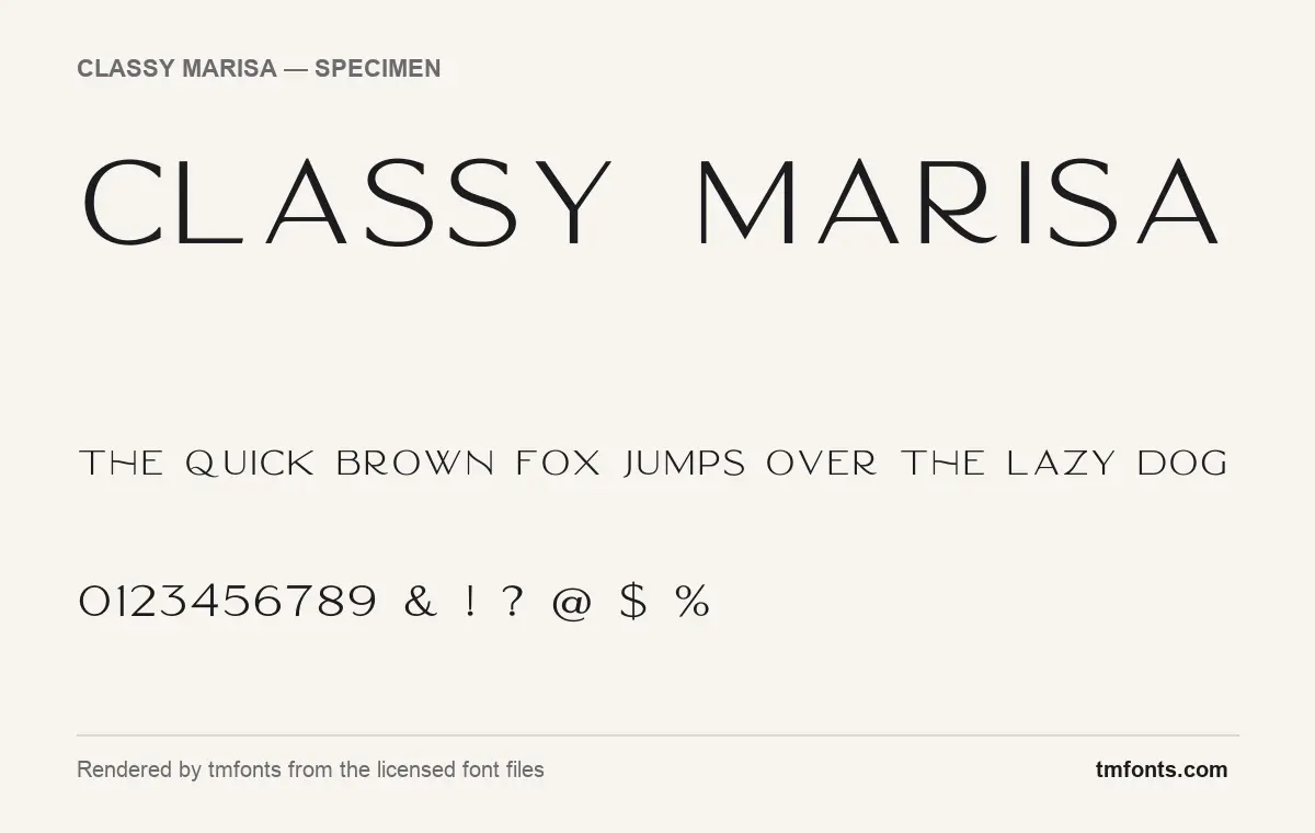 Classy Marisa font specimen showing the alphabet and numerals