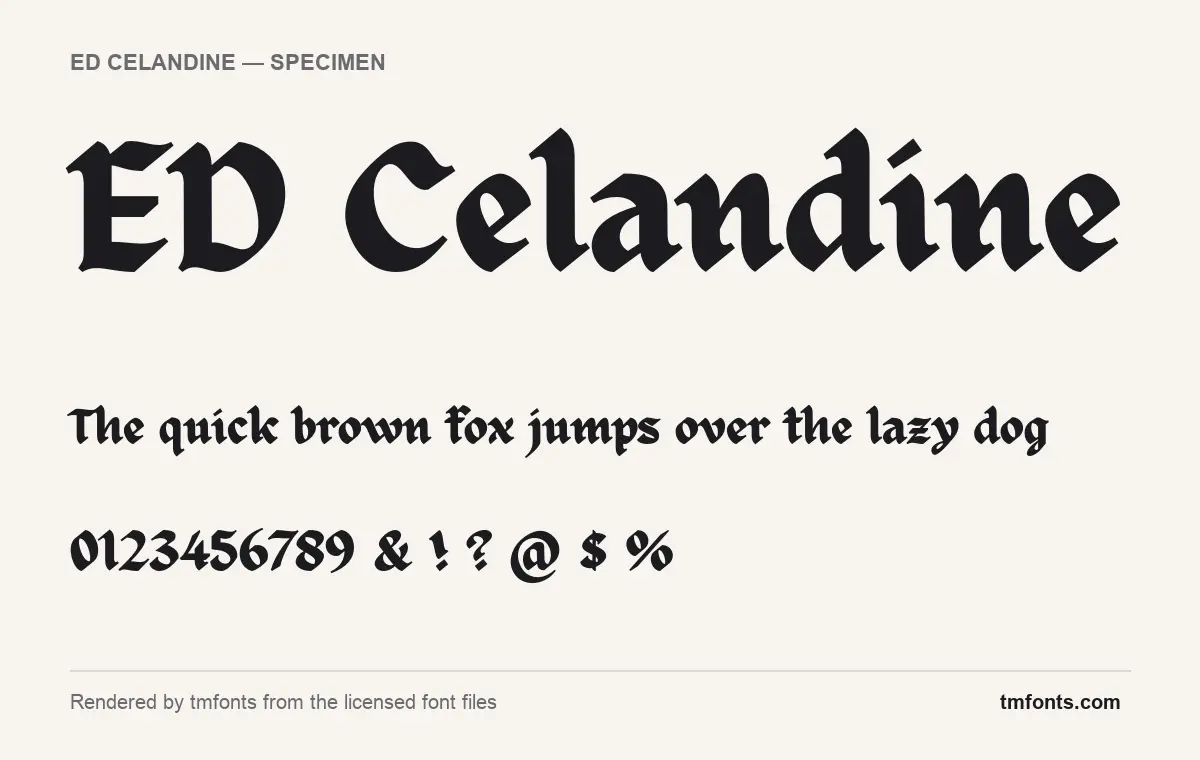 ED Celandine font specimen showing the alphabet and numerals