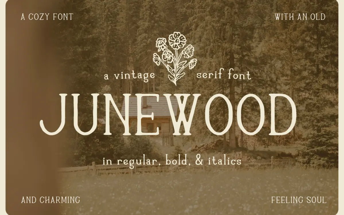 Junewood: a handdrawn serif for cottage brands and slow-living packaging