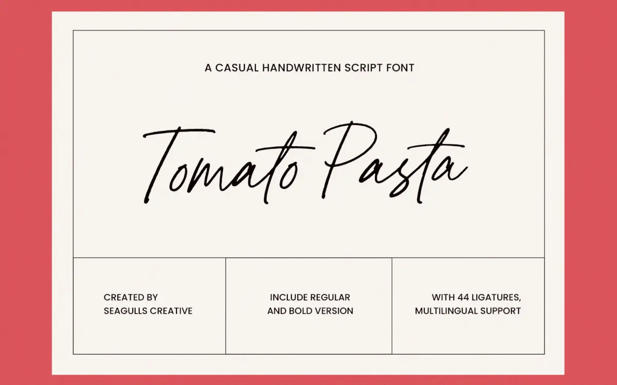 Tomato Pasta: a casual handwritten script for quick, friendly branding jobs