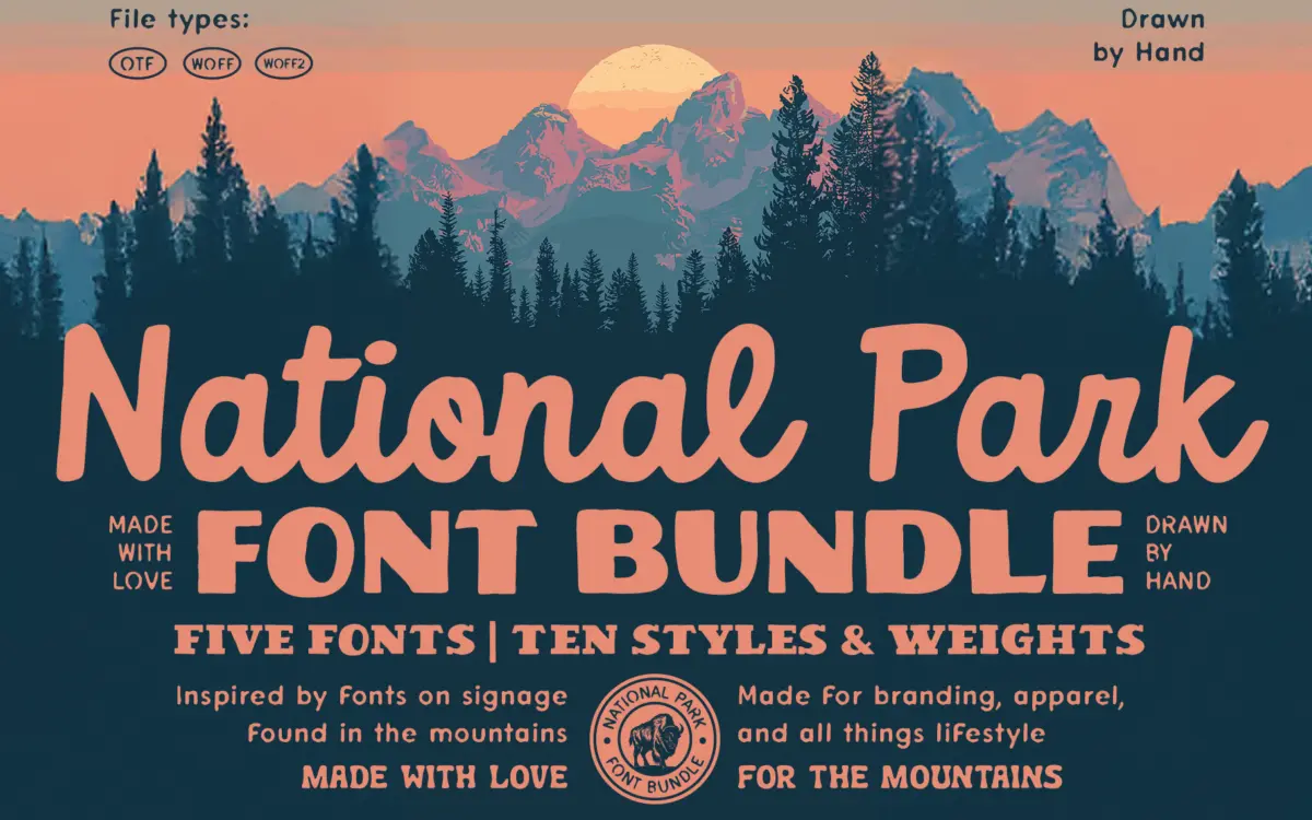 National Park Font Bundle: five hand-drawn faces for outdoor and vintage branding