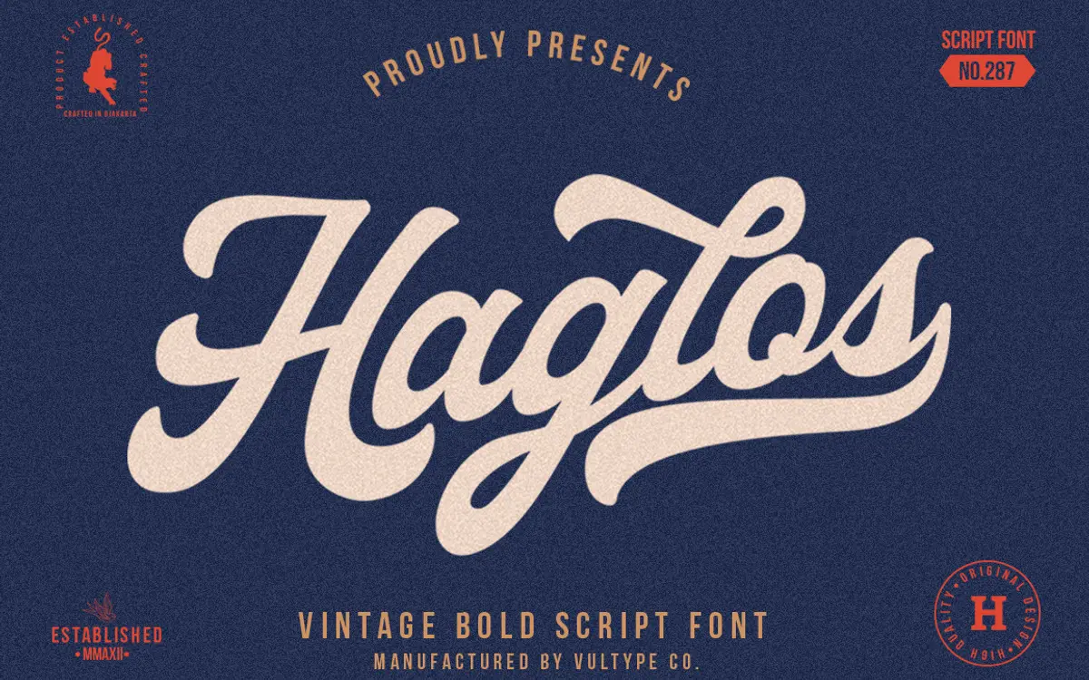 Haglos Bold Script: a heavyweight vintage brush script for logos and badges