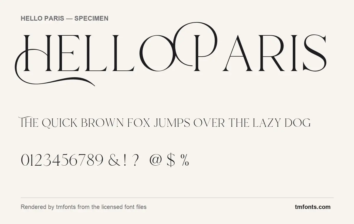 Hello Paris font specimen showing the alphabet and numerals