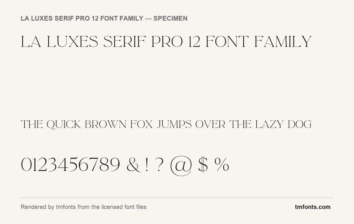 La Luxes Serif Pro 12 Font Family font specimen showing the alphabet and numerals