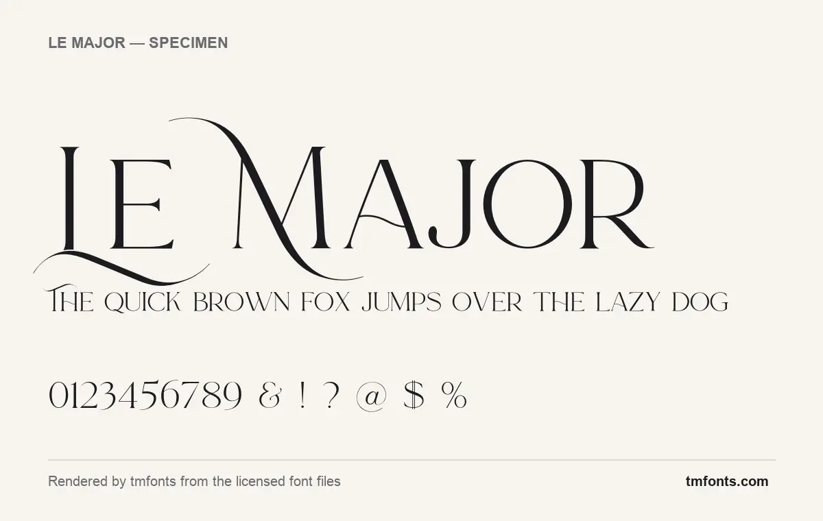 Le Major font specimen showing the alphabet and numerals