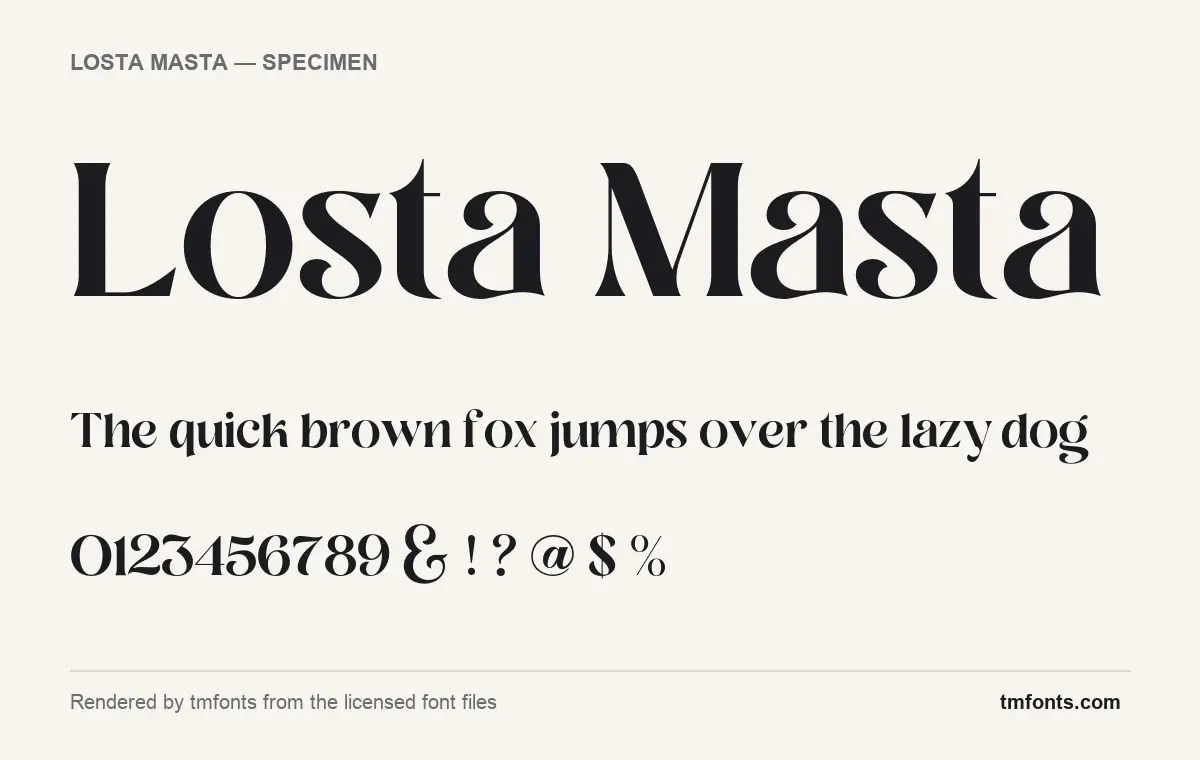 Losta Masta font specimen showing the alphabet and numerals