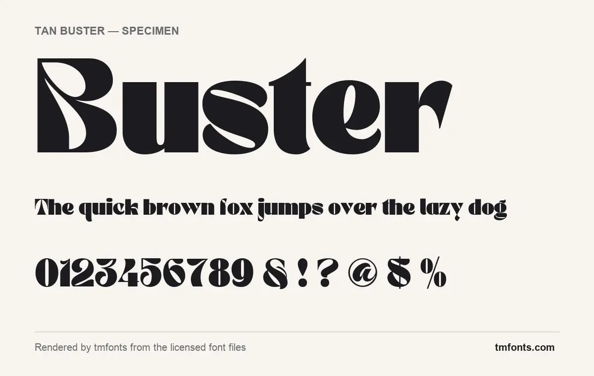TAN Buster font specimen showing the alphabet and numerals