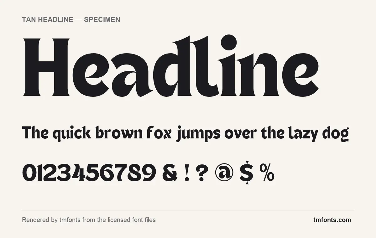 TAN Headline font specimen showing the alphabet and numerals