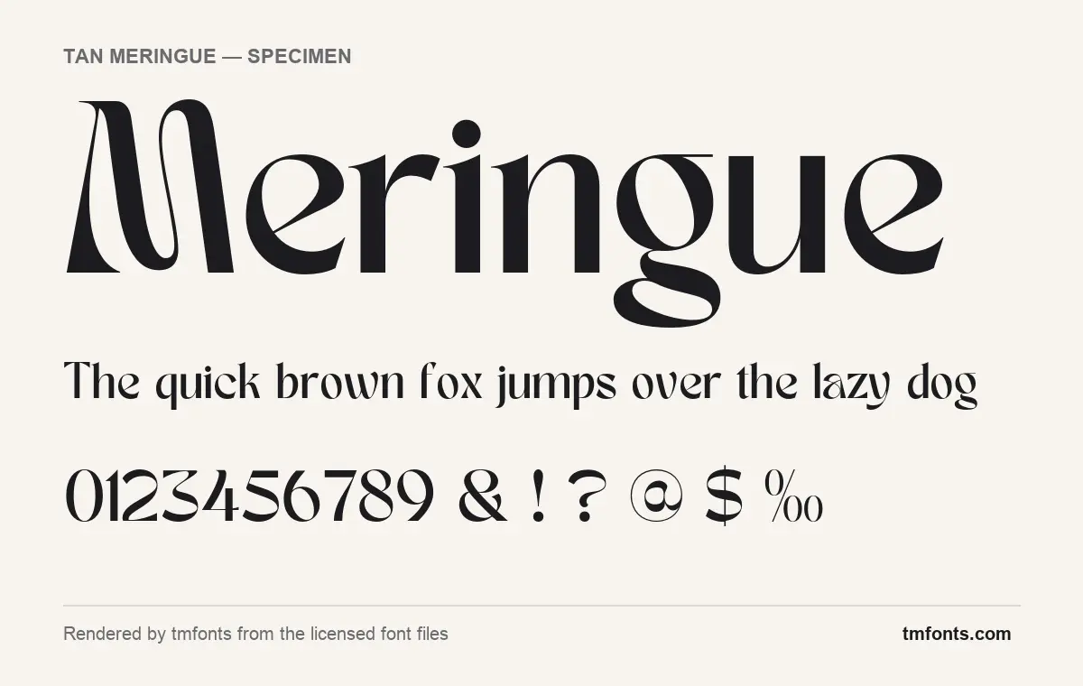 TAN Meringue font specimen showing the alphabet and numerals