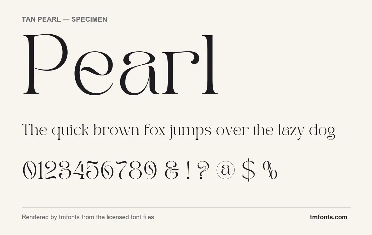 TAN Pearl font specimen showing the alphabet and numerals